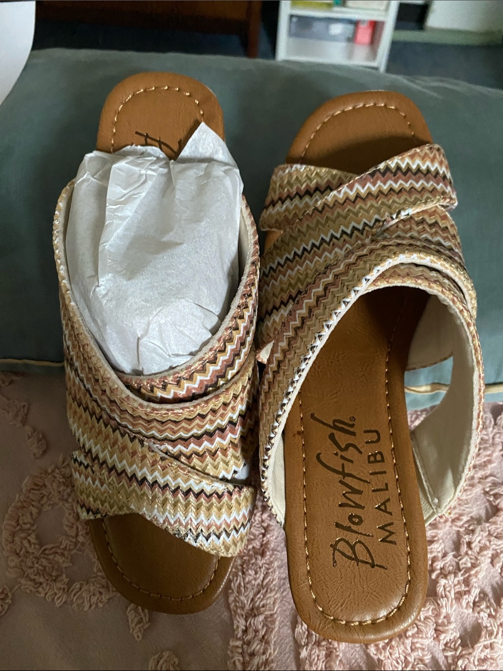 Blowfish Woven Zigzag Tan & Multicolor Crisscross Slides - Picture 3 of 9